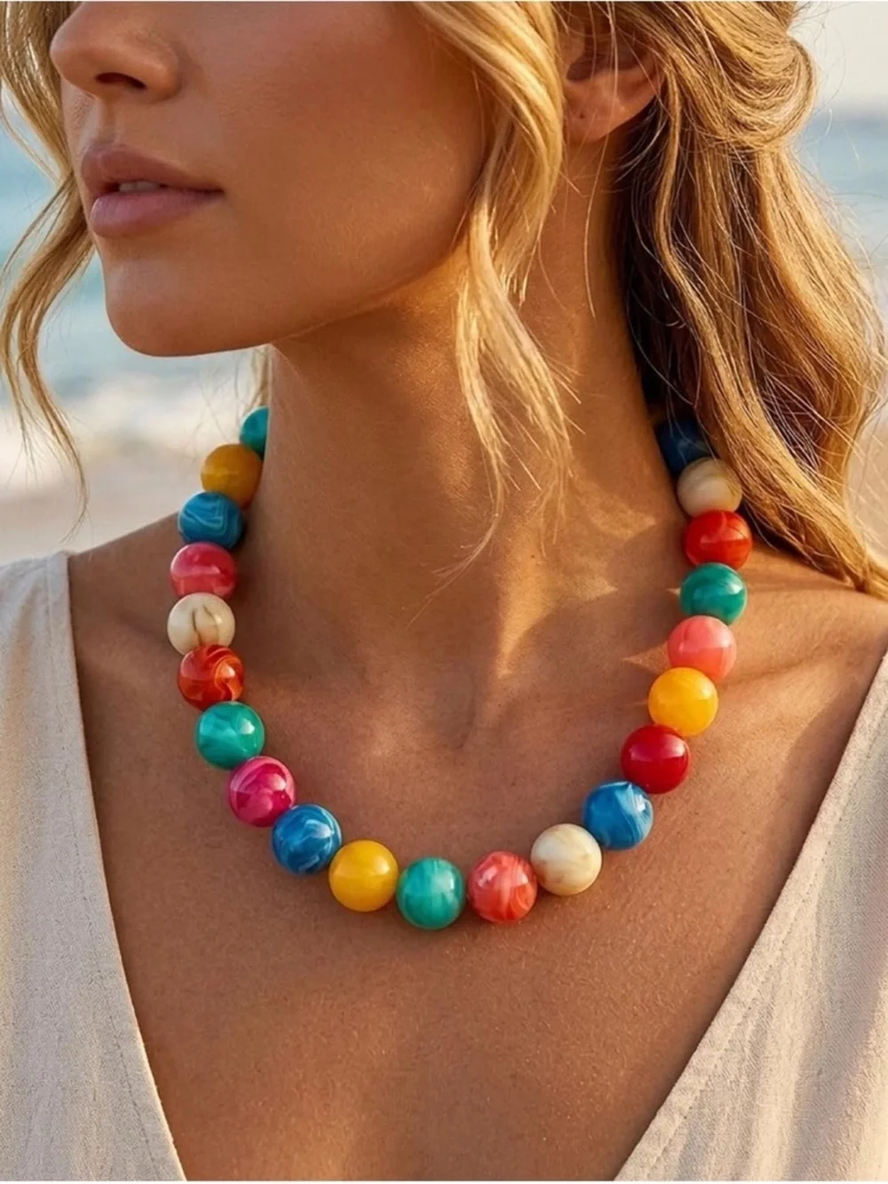 Colorful Marbled Bead Necklace - Picture 3 of 4